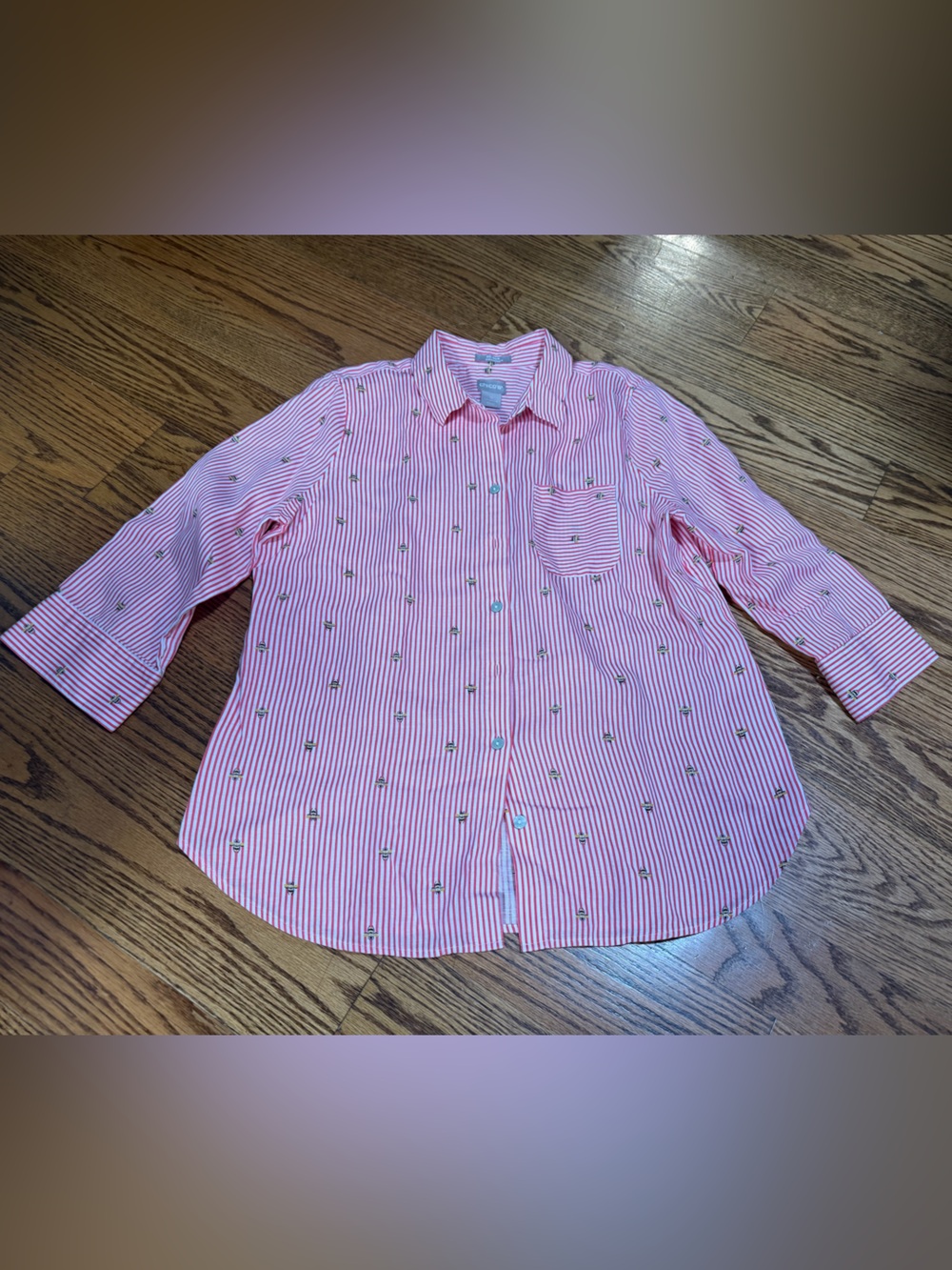 Chico's Pink and White Striped Shirt with Bee Embroidery
